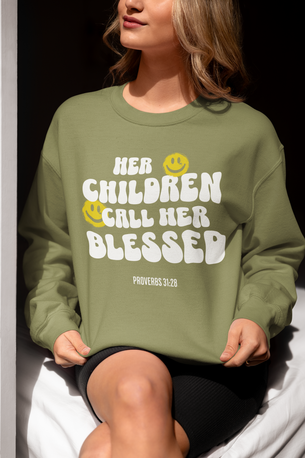 Blessed Mom Crewneck Sweatshirt (White Lettering) | Proverbs 31:25, Mother's Day Collection | Streetwear Gospel Merch