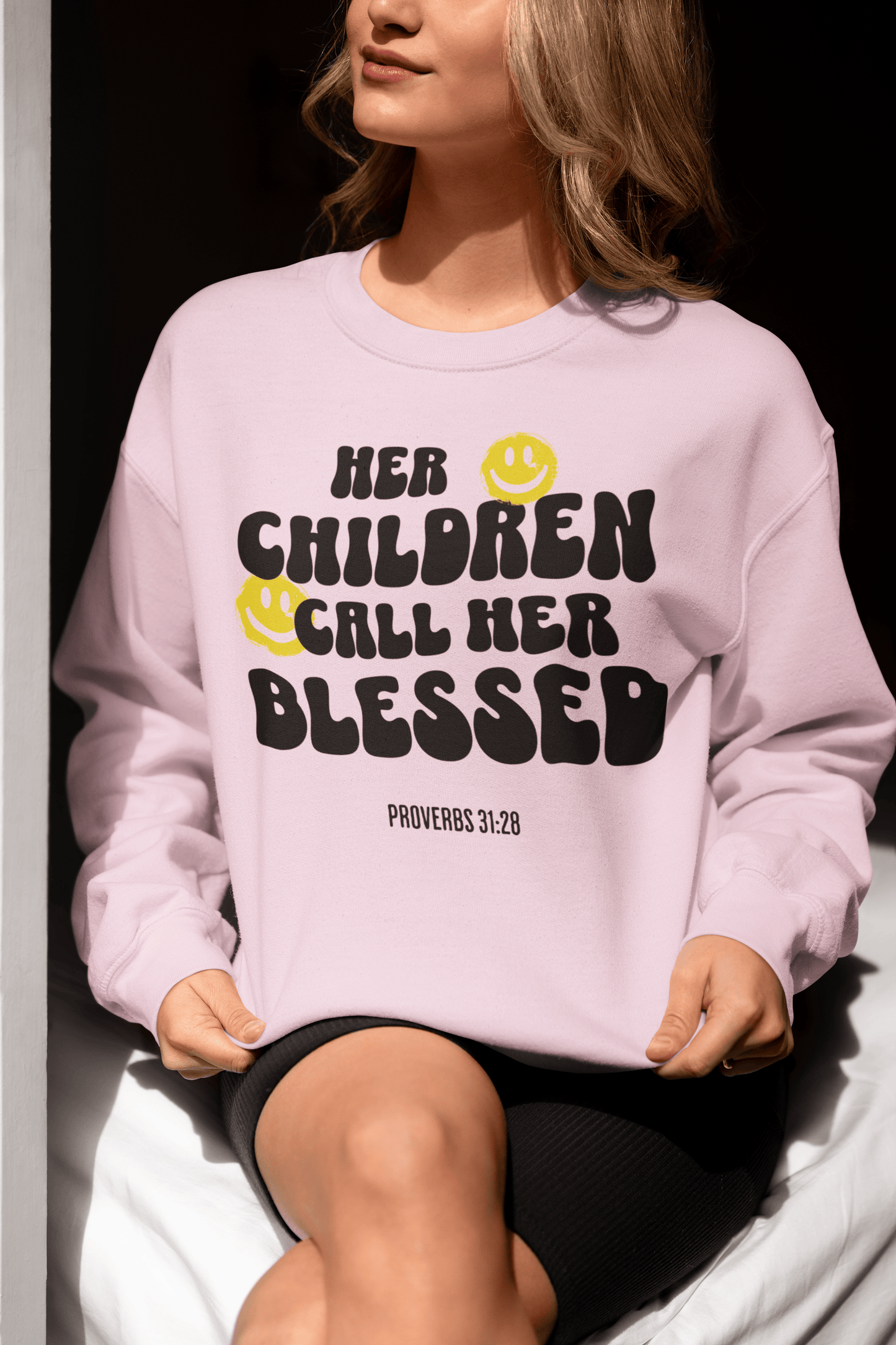 Blessed Mom Crewneck Sweatshirt (Black Lettering) | Proverbs 31:25, Mother's Day Collection | Streetwear Gospel Merch